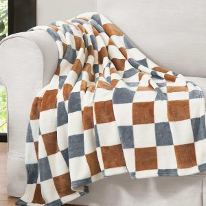 Emery Checkerboard Plush Throw in Rust & Grey
