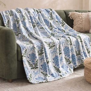 Plush Throw Blanket in Bow Floral Trellis Blue