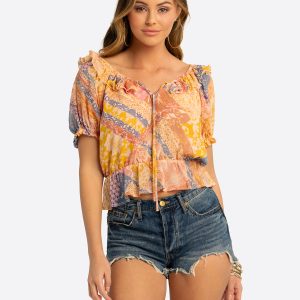 JS Jessica Simpson Cozette Peplum Blouse in Multi Celestial Patchwork
