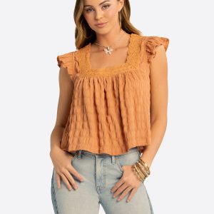 JS Jessica Simpson Dani Lace Trimmed Blouse in Camel