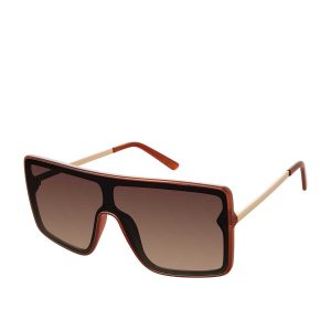 Square Shield Metal Temple Sunglasses in Brown