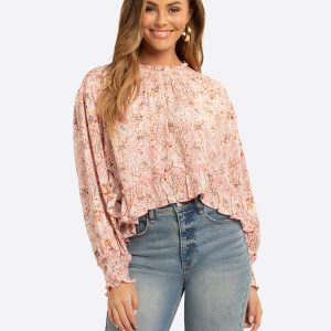 JS Jessica Simpson Anaya Mock Neck Blouse in Shell-Calia Paisley