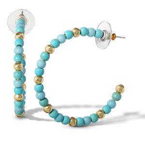 Turquoise Bead Hoop Earrings in Gold