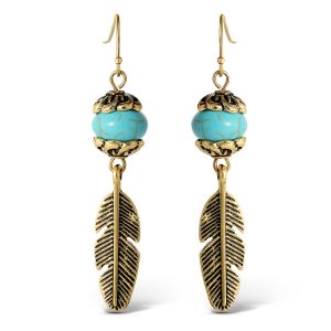 Turquoise Bead Feather Drop Earrings in Gold