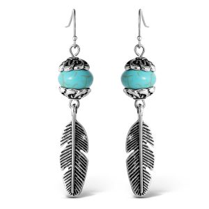 Turquoise Bead Feather Drop Earrings in Silver