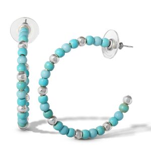 Turquoise Bead Hoop Earrings in Silver