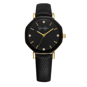 Metallized Bezel Strap Watch in Black & Gold Tone