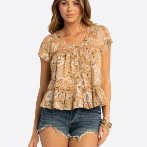 JS Jessica Simpson Mirna Blouse in Camel Victorian Paisley