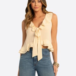 JS Jessica Simpson Trea Ruffle Tie Top in Whitecap Gray
