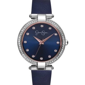 Crystal Bezel Navy Strap Watch in Silver Tone